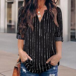 Women's V-Neck Chiffon Blouse Half Zip Up